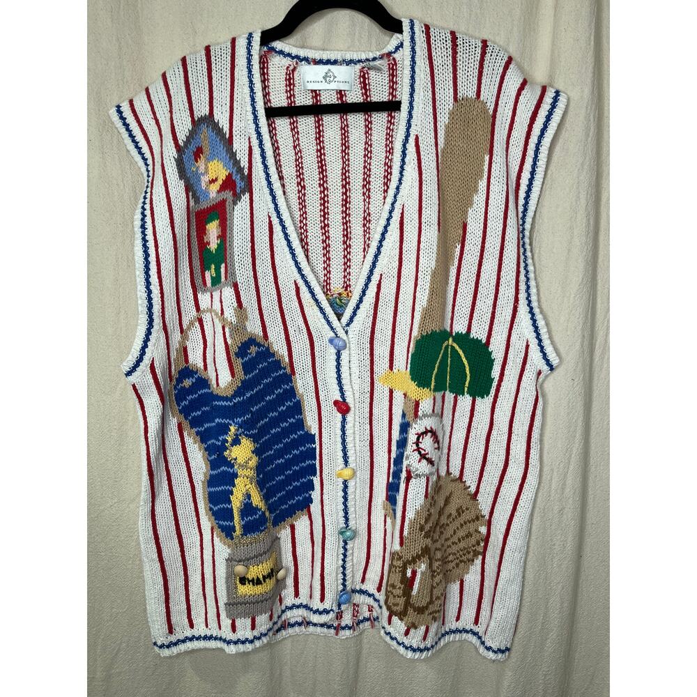 1990s Design Options Baseball Little League Maximalist Kidcore Sweater Vest XL